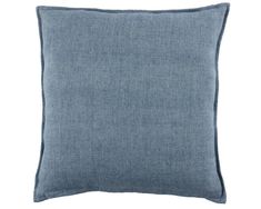 the blue linen pillow is shown on a white background, it has a square shape