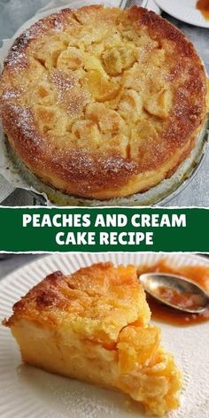 two pictures with different types of pies and cream cakes on them, one has a slice missing