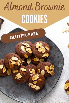 almond brownie cookies on a plate with text overlay