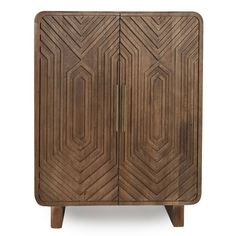 a wooden cabinet with geometric designs on the front and sides, against a white background