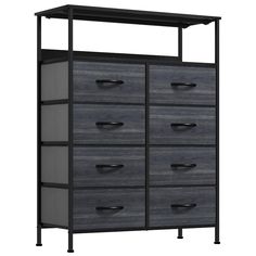 a black and grey dresser with drawers on it's sides, in front of a white background