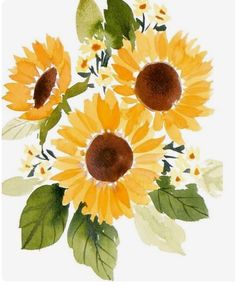 watercolor painting of yellow sunflowers with green leaves