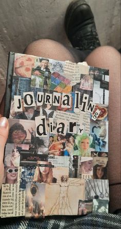 a person holding up a book with the words journal diary written on it and images of people's faces