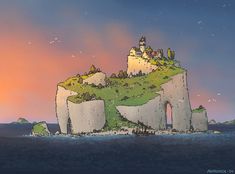 an illustration of a castle sitting on top of a rock outcropping in the ocean