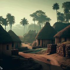 an old village with thatched roofs and palm trees in the foggy morning light