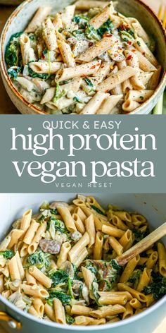 a bowl filled with pasta and broccoli next to the words quick and easy high protein vegan pasta