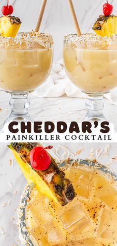 two cocktails with pineapple garnish and cherries on top, one in the