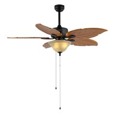 a ceiling fan with two blades and a light on the top of it's blades