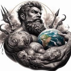 a drawing of a man holding the earth in his hands with two swords and other symbols around him