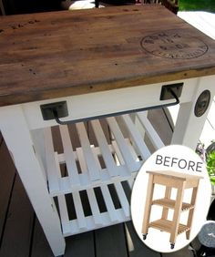 a wooden table with an open drawer on it