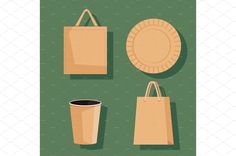 a paper bag, cup and plate on a green background