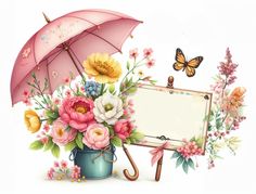 a painting of flowers and an umbrella next to a sign