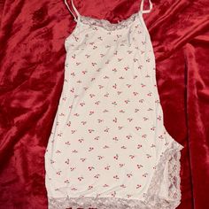 Kikithebrand Kikiskinis White And Red Cherry Print Mini Fitted Dress With Lace. Not Marked But Is A Size Small. Could Fit An Xs. Adjustable Straps. Could Use A Bleaching, Hence The Price. Not First Owner But I’ve Never Worn It, Thought It Would Be In Better Condition. #Kikithebrand #Cherry #Lace #Coquette #Cottagecore Casual Summer Sleepwear Mini Length, Casual Mini Length Sleepwear, Cute White Lounge Dress, Lace Trim Mini Dress For Loungewear, Casual Mini-length Spring Sleepwear, Casual Sleep Mini Dress With Spaghetti Straps, Red Cotton Sleep Dress, White Spaghetti Strap Sleep Mini Dress, Red Fitted Cotton Sleepwear