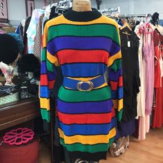 Fantastic Vintage Deadstock/ Never Worn, With Original Tags- Old Warehouse Stock Wear As Mini Dress Or Long Tunic Style Sweater Cute Belted 80’s - 90’s Primary Colors Warm Acrylic Great With Leggings Size Small-2 Bust 36-40” 1-Size M 38-43” 1-Size Large 40”-46” Length 35” Shoulder To Hem ( Loose Fit- Will Shorten Up If Tight Fit) Belt Not Included Retro Long Sleeve Striped Dress, Retro Blue Dress For Fall, Retro Blue Dresses For Fall, Vintage Multicolor Dresses For Fall, Multicolor Vintage Dresses For Fall, Burnt Orange Cardigan, Striped Sweaters, Half Sleeve Sweater, Old Warehouse