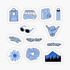 blue stickers with different types of items on them