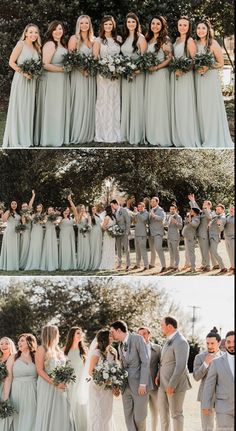 the bride and groom are posing for pictures with their wedding party