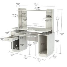 an image of a desk with drawers and shelves on it's side, measurements