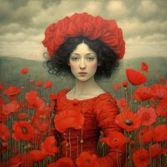 a painting of a woman in a red dress surrounded by poppies with dark clouds