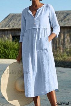 Color: Baby Blue, Size: S Quarter Sleeve Dress, Soft Dress, Solid Color Dress, Half Sleeve Dresses, Linen Style, Cotton Midi Dress, Cute Summer Dresses, Midi Dress With Sleeves, Short En Jean