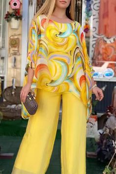 Lasaky - Stylish Printed Long Sleeve Coordinating Pieces Casual Yellow Sets For Party, Yellow Long Sleeve Summer Set, Yellow Long Sleeve Sets For Summer, Summer Yellow Long Sleeve Sets, Celana Fashion, Stile Casual Chic, Mid Waist Pants, Big Top, Maxi Robes