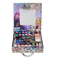 Look your best with the Barbie Fashion Makeup Case. Young cosmetologists can express their personal style with this beautiful holographic makeup kit featuring a real framed mirror inside the lid. Kids have everything they need to create both fresh-faced daytime and glamor-filled theatrical makeup looks. Kit includes 10 shades of eyeshadow and 2 applicators; 3 blush colors, cheek highlighter, blush brush; 3 mini- and 2 full-sized lipstick tubes; and a variety of lip glosses in a squeeze-tube, wan Barbie Makeup Products, Hello Kitty Makeup Kit For Kids, Barbie Makeup Kit, Makeup For Kids, Disney Kids Makeup Box, Barbie Doll Case, Holographic Makeup, Lipstick Tube, Barbie Makeup