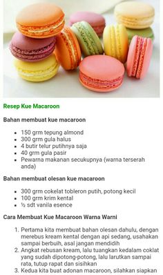 an advertisement with macaroons on it and the words, resep kule macaroon