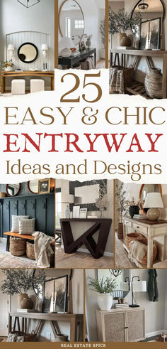 Says 25 easy and chic entryway ideas and designs with 8 images of entryways and foyers console tables home decor lighting Entryway Decor Open Concept, Home Entryway Design, Front Door Decor Ideas Entrance Inside, Modern Elegant Entryway, Bungalow Entryway Ideas, Farmhouse Modern Entryway Ideas, French Cottage Entryway Ideas, Casual Entryway Ideas, Farmhouse Narrow Entryway Ideas