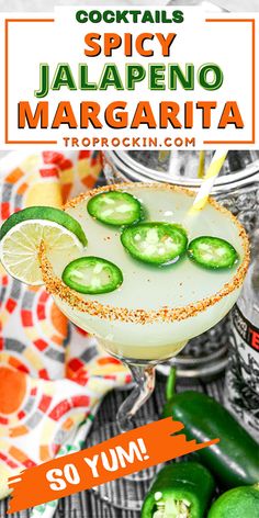 a margarita cocktail with lime slices on the rim and garnishes in it