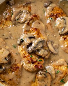 chicken with mushrooms and gravy in a skillet