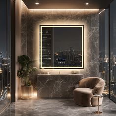 a bathroom with a large mirror above it and a chair in front of the tub