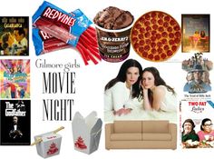 there are many movies and movie night items on this page, including popcorn, pizza, hotdogs