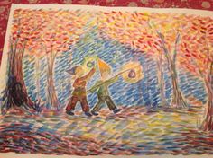 a drawing of two people walking in the rain with an umbrella over their heads and trees behind them