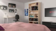 a bedroom with a bed, bookcases and a flat screen tv on the wall