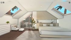 an artist's rendering of a bedroom with white furniture and skylights above the bed