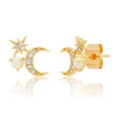 TAI Gold Pane Moon & Star CZ & Opal Studs SKU: TE-2715 - Gold plating over brass - CZ Accents -Measures approximately 1/4 inch in diameter - Authorized TAI Retailer - FREE Shipping on Orders over $100 - FLAT Fee of $5.00 under $100.00! Tai Jewelry, Opal Studs, Star Earrings Stud, Beautiful Gift Wrapping, Moon Star, Star Studs, Pink Quartz, Gold Hoops, Gold Hoop