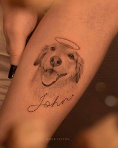 a dog with a hat on its head and name written on the side of his leg