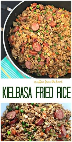 kielbasa fried rice in a skillet with sausage and peas