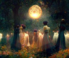 a group of women standing in front of a full moon surrounded by flowers and trees