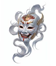 a mask with white hair and red eyes