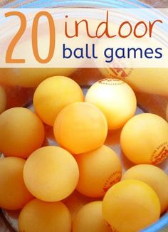 some yellow balls in a blue bowl with the words 20 indoor ball games on it