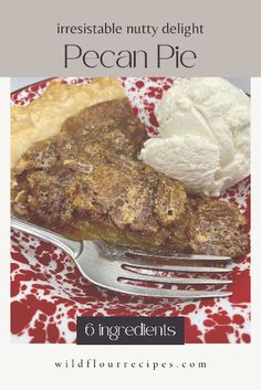 a piece of pecan pie on a red and white plate with a fork next to it