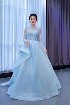 viniodress Long Sleeve Baby Blue Ball Gown High Neck Beaded Prom Dress 67392 Baby Blue Ball Gown, Matric Ball Dresses, Mauve Prom Dress, Blue Wedding Gowns, Military Ball Gowns, Blue Ball Gown, Simple Lehenga, Ombre Prom Dresses, Beaded Formal Dress