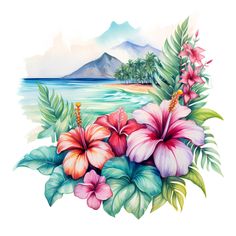 tropical flowers and palm trees on the beach with mountains in the backgroung