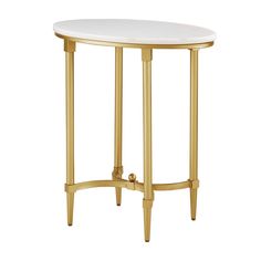 a white table with gold legs and a marble top