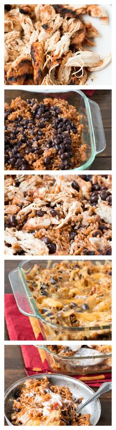 four different views of food being cooked in baking pans and then baked into casserole