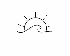 a black and white drawing of a sun over the ocean, with waves coming in