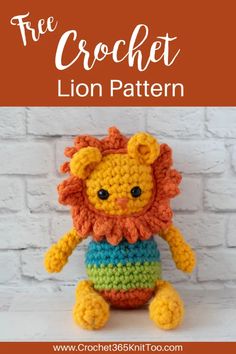 a crocheted lion stuffed animal sitting on top of a white brick wall with the words free crochet lion pattern