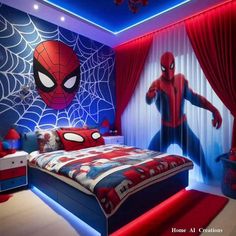 a bedroom decorated in red, white and blue with a spiderman mural on the wall