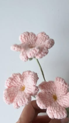 crocheted pink flowers being held by someone's hand