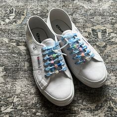 Never Worn But Some Scuffs Size 41.5 (Equivalent To A 10) Shoe Lace Beads, Superga Shoes, Lace Sneakers, Shoe Lace, Beaded Lace, Womens Shoes Sneakers, Shoe Laces, Blue White, Shoes Sneakers